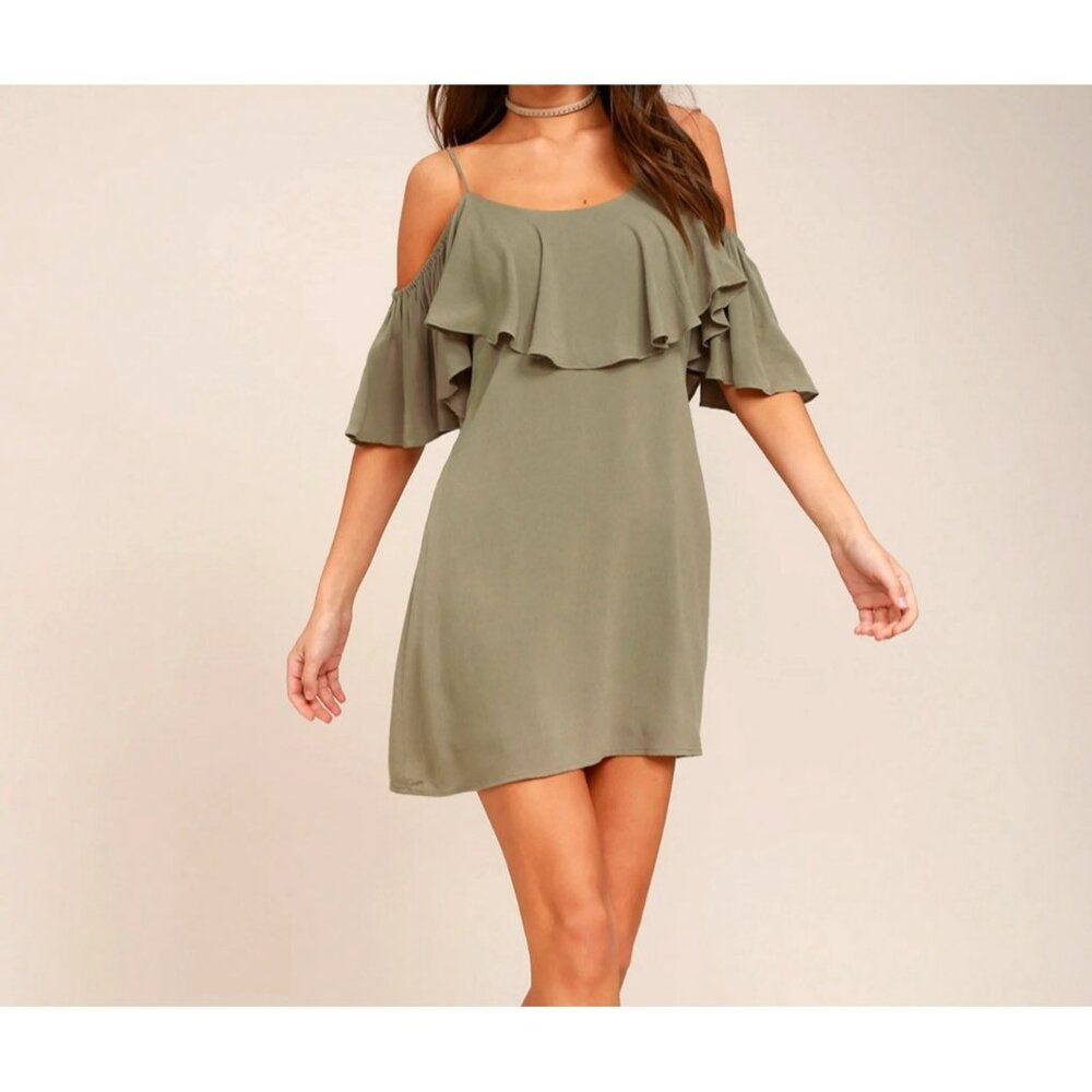Lulus Olive Green Boho Chic Cold Shoulder Ruffle Women A line Mini Dress XS